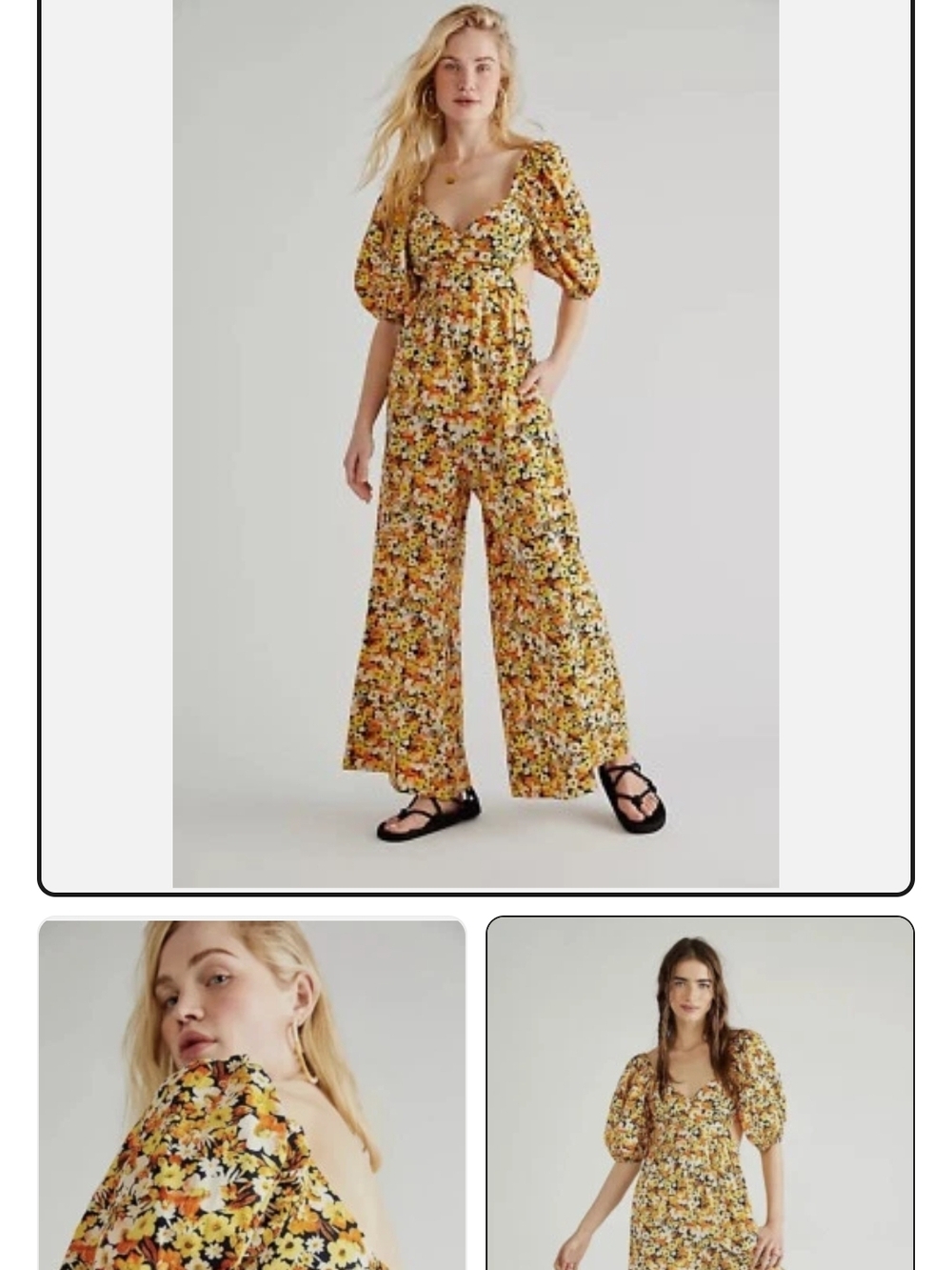 NWOT Free People Floral Puff-Sleeve Wide-Leg Jumpsuit - Yellow